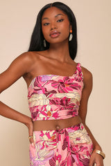 Something Wild Pink Floral Print Pleated One-Shoulder Crop Top