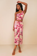Something Wild Pink Floral Print Pleated One-Shoulder Crop Top