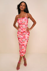Blossoming Excellence Pink Floral Mesh Ruched Midi Dress
