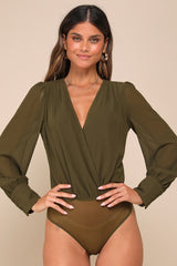 Sophisticated Aspect Olive Chiffon Surplice Long Sleeve Bodysuit