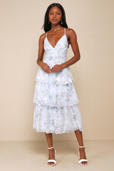 Deeply Delightful Light Blue Floral Tiered Lace-Up Midi Dress