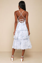 Deeply Delightful Light Blue Floral Tiered Lace-Up Midi Dress