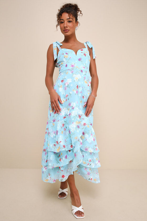So Elevated Blue Floral Jacquard Tie-Strap High-Low Midi Dress