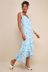So Elevated Blue Floral Jacquard Tie-Strap High-Low Midi Dress