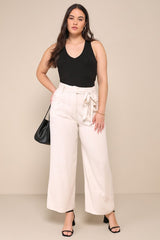 Trend Alert Beige Belted High-Waisted Wide-Leg Pants