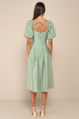 Heavenly Energy Sage Textured Puff Sleeve Pleated Midi Dress