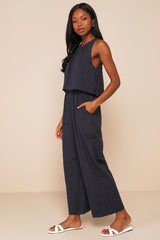 Breezy Sophistication Navy Blue Textured Wide-Leg Jumpsuit