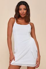 Stole Your Love White Swiss Dot Faux-Wrap Mini Dress
