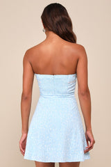 Precious Babe Light Blue Floral Ribbon Strapless Mini Dress