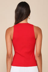Trendy Endeavor Red Ribbed Notched Tank Top