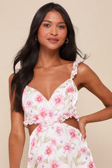 Spectacularly Gorgeous White Floral Cutout Ruffled Maxi Dress