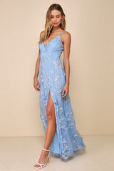 Rare Presence Powder Blue 3D Floral Surplice Maxi Dress