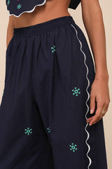 Charmed Aesthetic Navy Blue Linen Embroidered High-Rise Pants