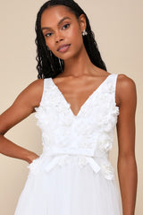 Dreamy Presence White Tulle Floral Applique Bow Midi Dress