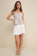 Ever Trendy Beige Paisley Print Pearl Smocked Tank Top