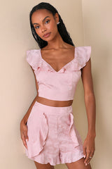 Exemplary Cutie Light Pink Satin Jacquard Ruffled Shorts