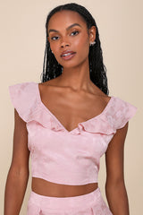 Exemplary Cutie Light Pink Satin Jacquard Ruffled Crop Top
