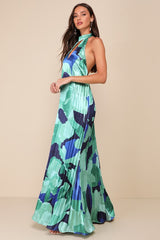 Prime Poise Green and Blue Abstract Satin Halter Maxi Dress