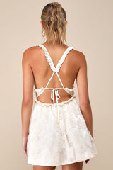 Delightfully Precious Cream Mesh Embroidered Ruffled Mini Dress