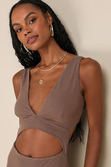 Divide and Contour Brown Ribbed Cutout Bodycon Midi Dress