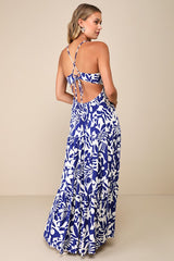 Mykonos Memories Blue and Ivory Abstract Maxi Dress With Pockets