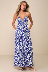 Mykonos Memories Blue and Ivory Abstract Maxi Dress With Pockets