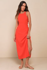 Masterfully Mod Bright Orange Side Button Midi Dress