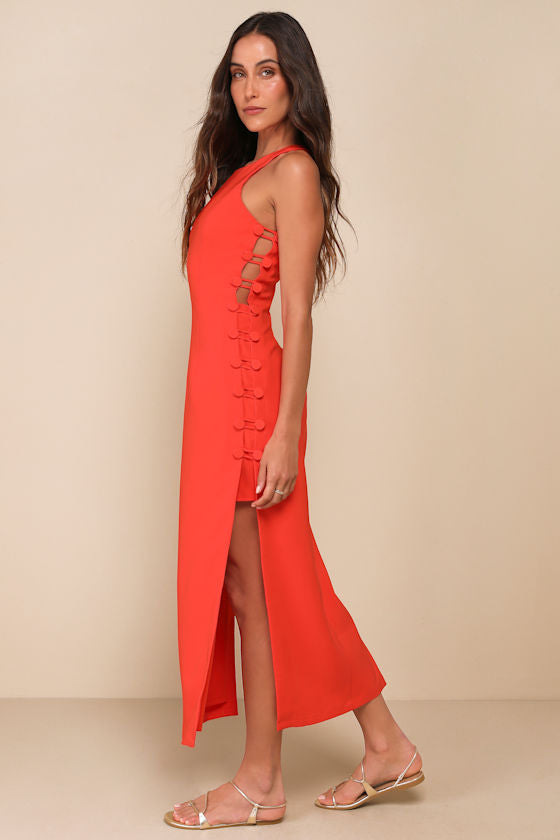 Masterfully Mod Bright Orange Side Button Midi Dress