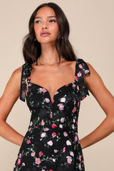 So Elevated Black Floral Jacquard Tie-Strap High-Low Midi Dress