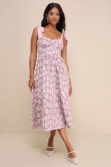 Bubbly Bliss Mauve Pink Jacquard Bustier Tie-Strap Midi Dress