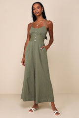 Coastal Air Olive Green Striped Tie-Back Culotte Jumpsuit