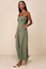 Coastal Air Olive Green Striped Tie-Back Culotte Jumpsuit