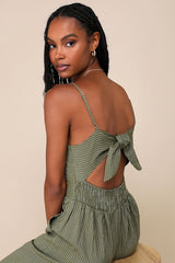 Coastal Air Olive Green Striped Tie-Back Culotte Jumpsuit
