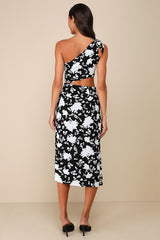 Vacay Beauty Black and White Scarf Print One-Shoulder Midi Dress
