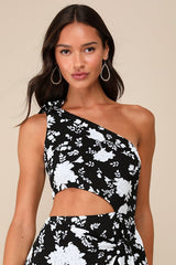 Vacay Beauty Black and White Scarf Print One-Shoulder Midi Dress