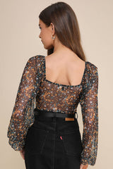 Sweet Beauty Black Floral Print Knot-Front Bodysuit