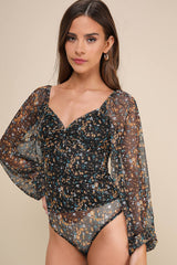 Sweet Beauty Black Floral Print Knot-Front Bodysuit