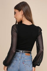 Sensational Sweetheart Black Ribbed Balloon Sleeve Bodysuit
