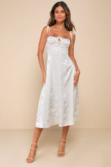 Ethereal Muse Cream Satin Jacquard Embroidered Midi Dress