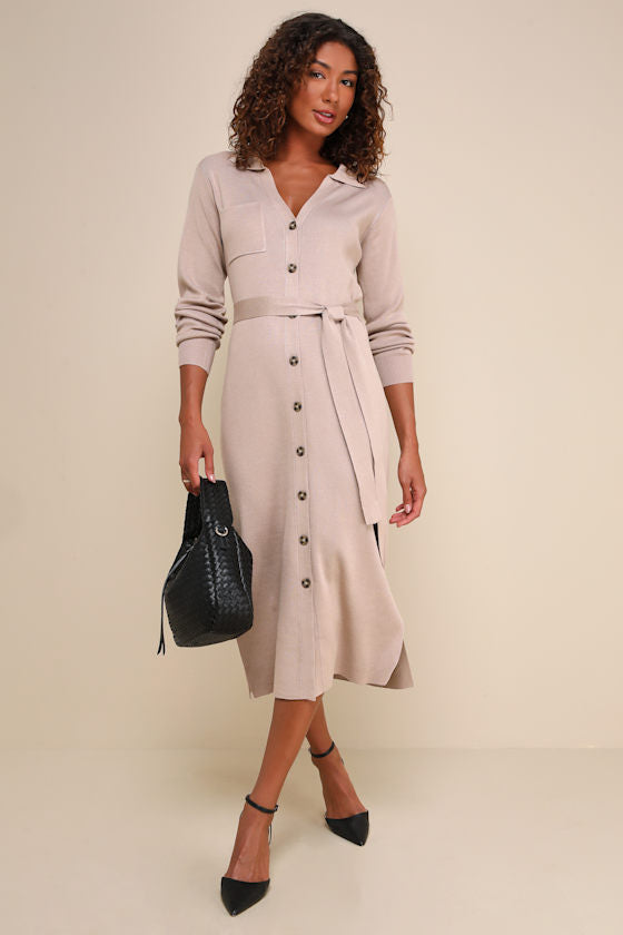 Charming Comfort Beige Collared Button-Up Sweater Dress