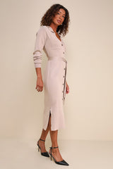 Charming Comfort Beige Collared Button-Up Sweater Dress