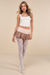 Bell Beige and Brown Studded Lace-Up Chiffon Micro Mini Skirt