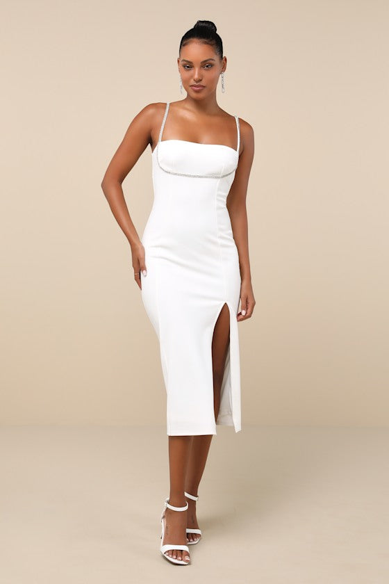 Upscale Flirt Ivory Rhinestone Sleeveless Bodycon Midi Dress