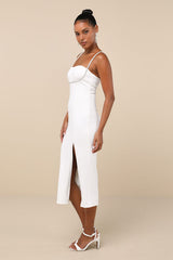 Upscale Flirt Ivory Rhinestone Sleeveless Bodycon Midi Dress