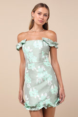 Pop the Bottle Sage Green Floral Jacquard Ruffled Mini Dress