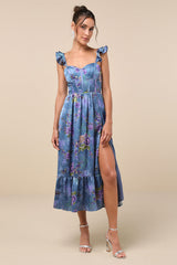 Sweet Like Sangria Blue Floral Ruffled Bustier Midi Dress