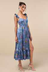 Sweet Like Sangria Blue Floral Ruffled Bustier Midi Dress