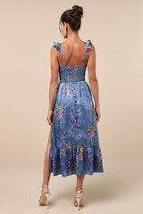 Sweet Like Sangria Blue Floral Ruffled Bustier Midi Dress