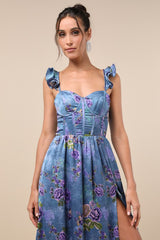 Sweet Like Sangria Blue Floral Ruffled Bustier Midi Dress