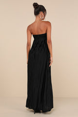 Whimsical Beauty Black Satin Plisse Strapless Maxi Dress